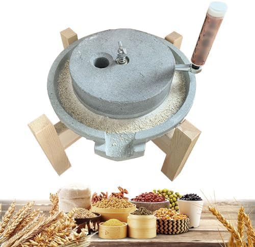 Handkornmühle mit Naturgranit Mahlwerk - Trocken und Nassmühle für Weizen Bohnen und Muskatnuss - Holzrahmen für stabile Nutzung - Klassische manuelle Steinmühle