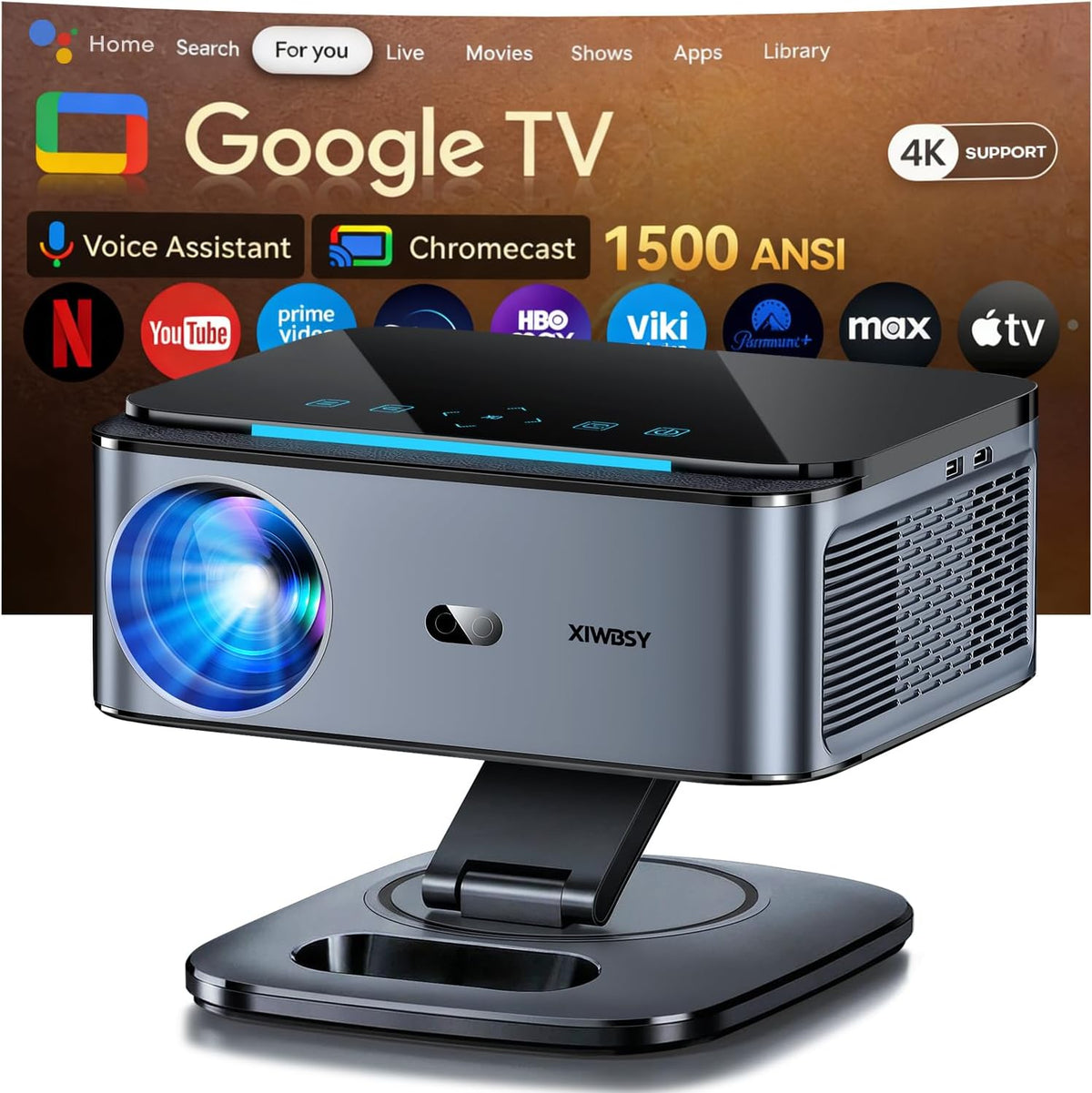 XIWBSY Smart Beamer mit Google TV - 1500 ANSI Lumen und 4K Unterstützung - Full HD 1080p mit Autofokus - 360 Grad Drehung WLAN 6 und Bluetooth