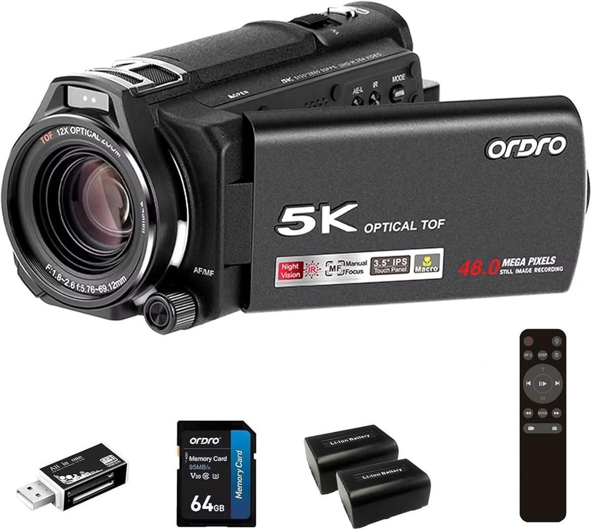 ORDRO XV80 5K Camcorder - 48 MP Vlogging Kamera mit 12 fach optischem Zoom - WLAN für Live Streaming und YouTube - Videokamera mit lichtstarker f 1,8 Optik