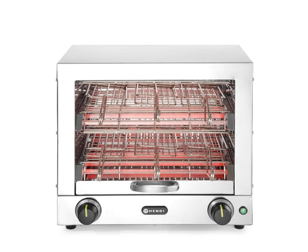 HENDI Multi Toaster 262214 - Zwei Ebenen mit 6 Toasterzangen und Brötchenaufsatz - 15 Minuten Timer mit Glocke - 3000 Watt Quarzröhren Toaster aus Edelstahl