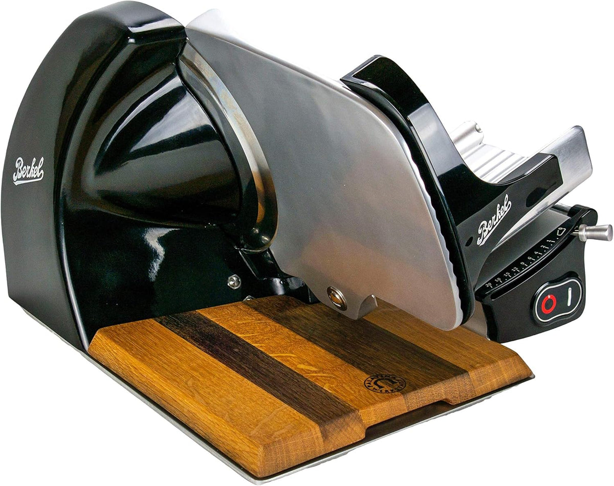 Berkel Home Line 250 Aufschnittmaschine - Elektrischer Allesschneider mit 250 mm Rundmesser - Schwarze Aluminium Schneidemaschine - Mit Einlegebrett aus Fassholz