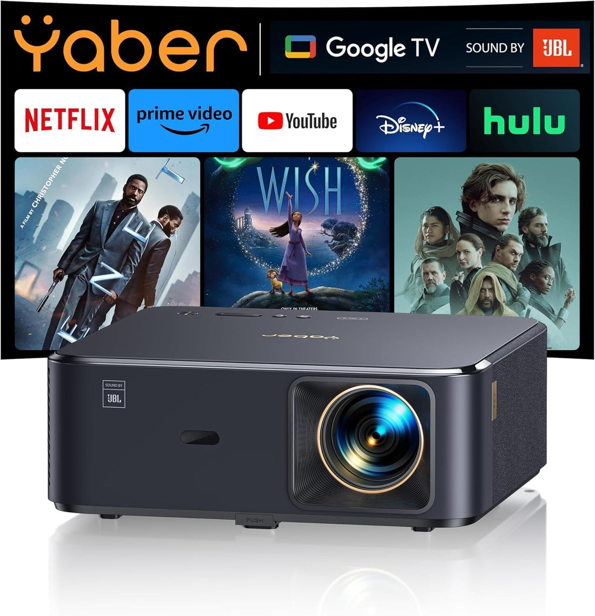 Beamer 4K mit Android TV 11.0 - 1080p Full HD YABER K2s mit JBL Sound und Dolby Audio - Autofokus Auto Trapez WiFi 6 und Bluetooth - Heimkino Outdoor Projektor mit 300 Zoll Display