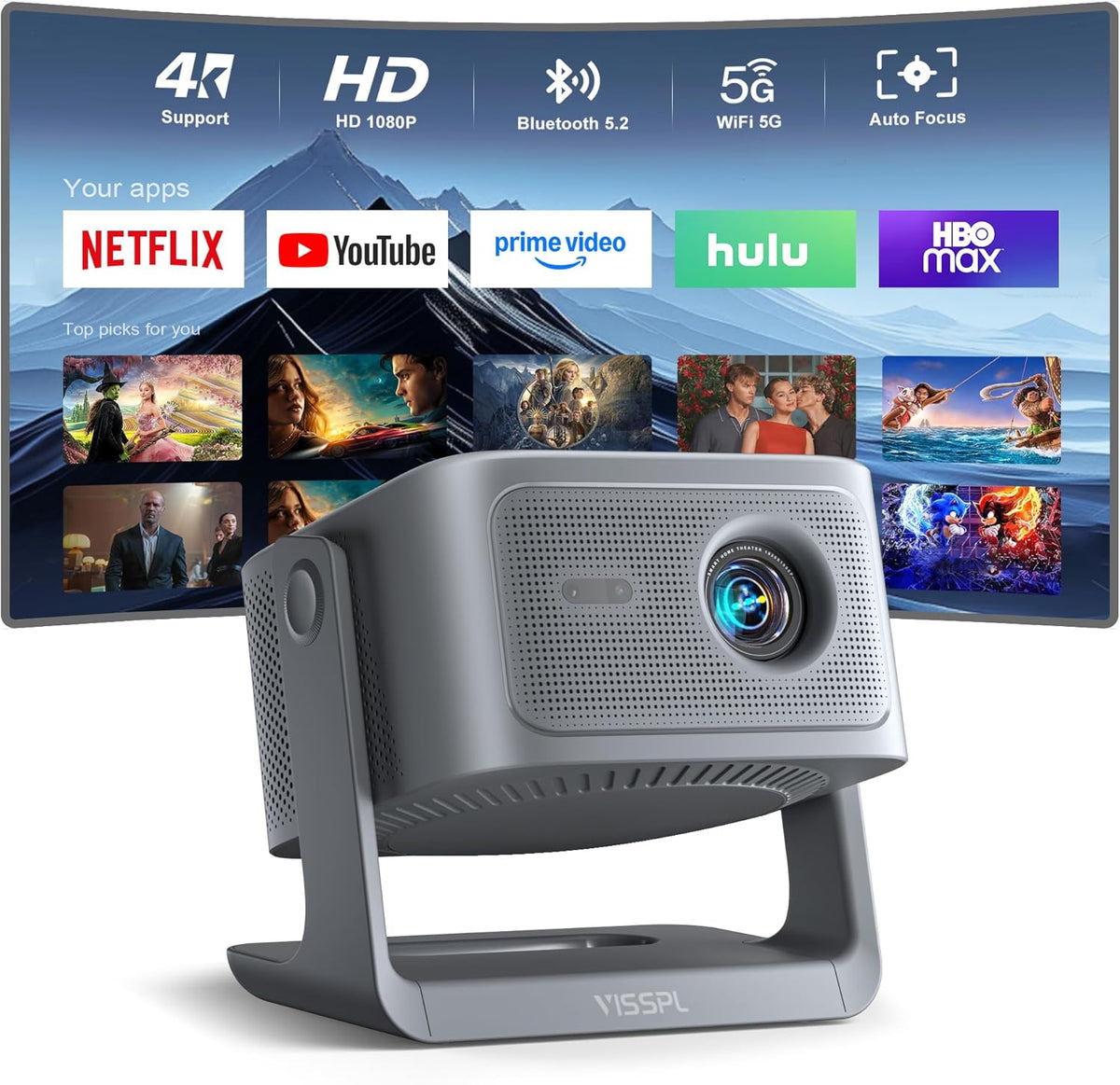 VISSPL Smart Beamer Heimkino - 1080p Full HD mit offizieller App Unterstützung - Autofokus WiFi 6 Bluetooth und Dolby Audio - 360 Grad verstellbarer Projektor Standfuß