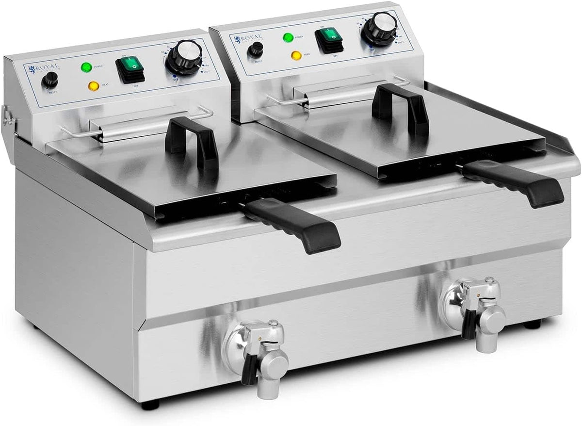 Royal Catering RCPSF 18ETH Doppel Fritteuse - 2 x 9 Liter mit 6000 Watt - Temperatur von 50 bis 190 Grad und Ablasshahn - Elektro Gastro Fritteuse aus Edelstahl