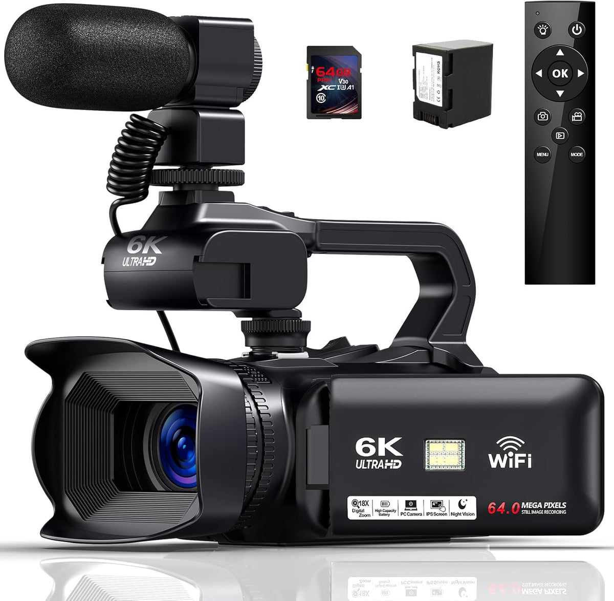 6K 64 MP Vlogging Camcorder - 18 fach Digitalzoom und 4 Zoll Touchscreen - WiFi Kamera mit 4500 mAh Akku und 64 GB SD Karte - Mit Mikrofon Stabilisator und Fernbedienung