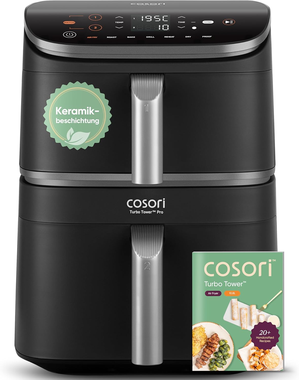 COSORI Airfryer Turbo Tower Pro DC112S - 10,8 Liter Heißluftfritteuse mit DualBlaze Technologie - 2630 Watt Keramikbeschichtung ohne PFAS - Silbergrau mit 5 Lüfterstufen