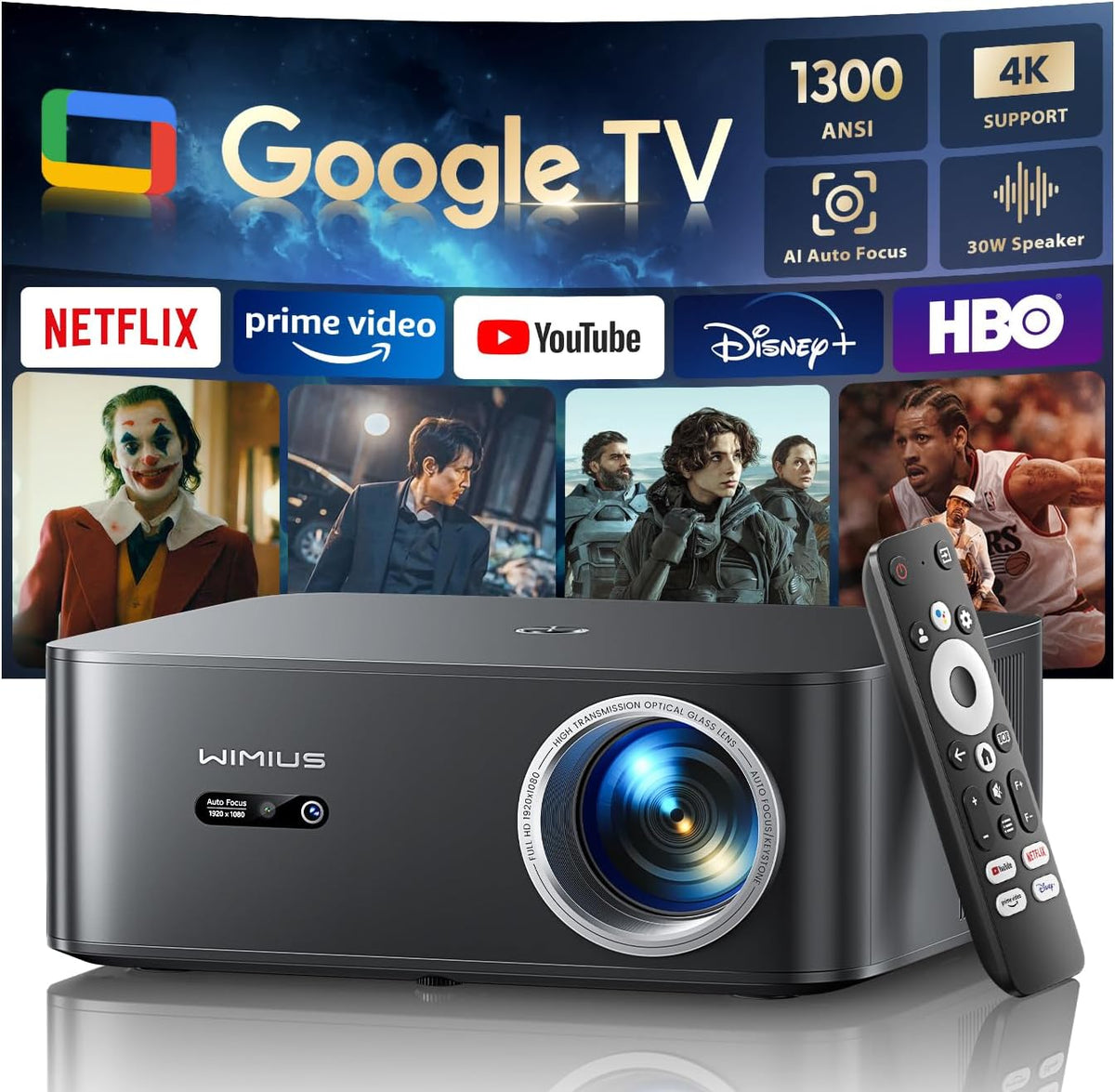 Beamer 4K 1300 ANSI Google TV - Full HD 1080p Smart LCD Projektor mit 4K Unterstützung - Autofokus Auto Trapezkorrektur und 30 Watt Sound - WiFi 6 Bluetooth für Heimkino und Outdoor