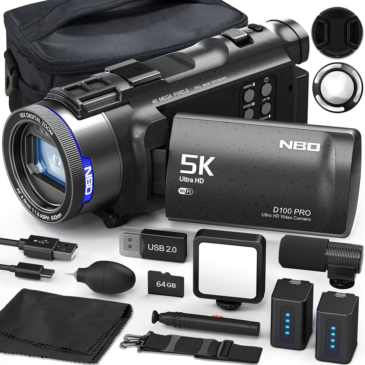 NBD 5K Camcorder mit 48 MP und F1,8 - 5K Video bei 30 Bildern pro Sekunde - 16-facher Zoom und 270 Grad Drehdisplay - WLAN Vlogging Kit mit 64 GB und Mikrofon
