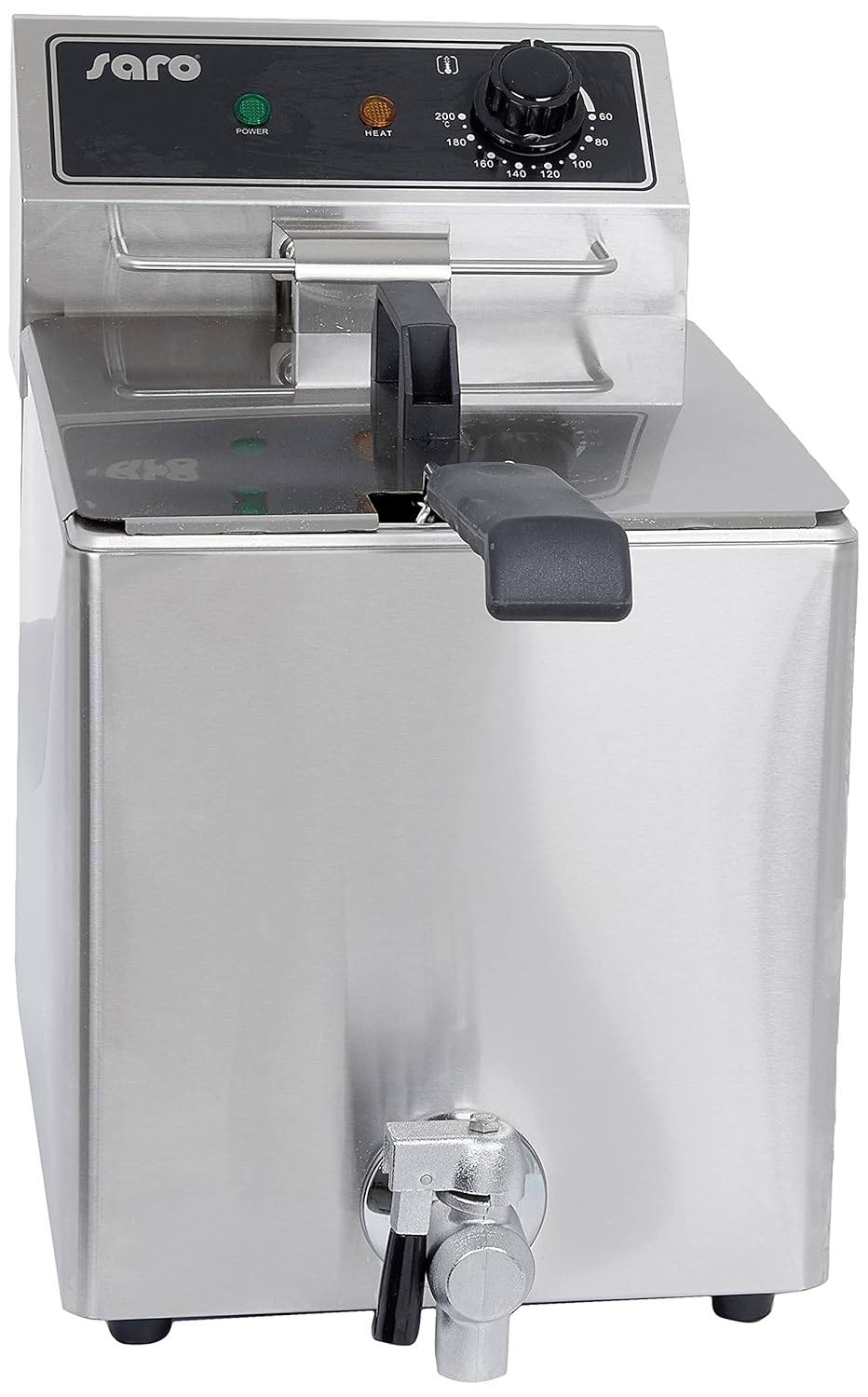 SARO Fritteuse EF 8 - 8L Edelstahl Fritteuse mit 3kW Leistung - Temperaturbereich 60 bis 200 Grad mit Kaltzone und Ablasshahn - herausnehmbares Heizelement und Sicherheitsthermostat