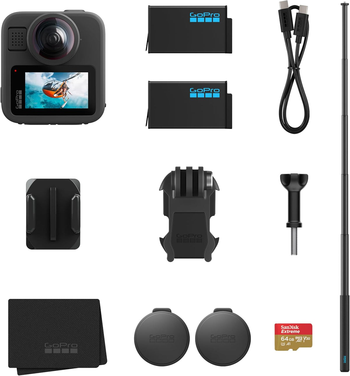 GoPro MAX2 Zubehör Bundle - 8K 360 Grad Action Kamera mit True 8K Aufnahme - Zwei 1960 mAh Enduro Akkus und 64 GB microSD - Mit 1,2 m Verlängerungsstange für Rundumaufnahmen