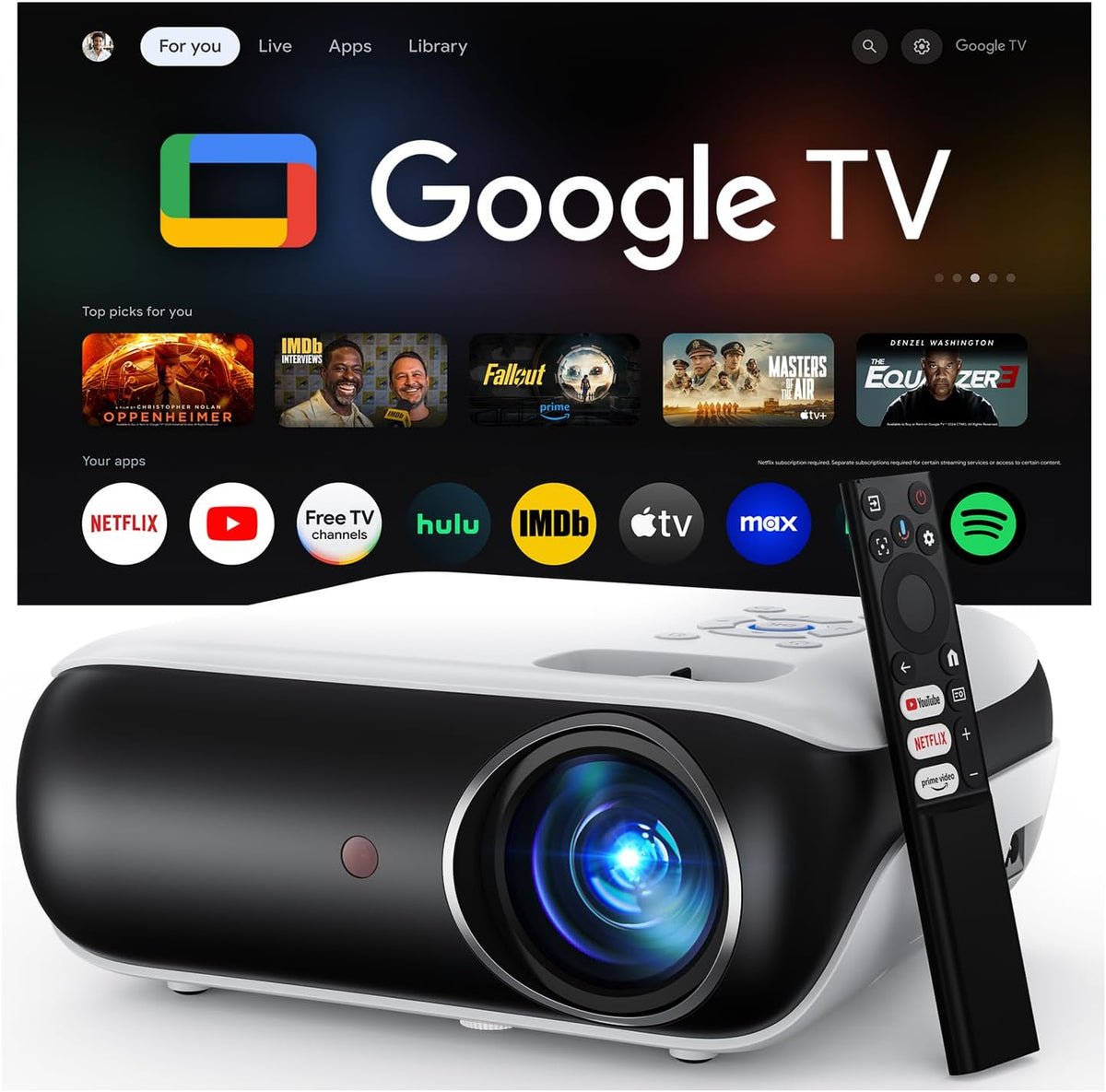 HAPPRUN Google TV Smart Beamer - Full HD Heimkino Projektor mit Dolby Audio - Integrierte Streaming Apps und 300 Zoll Projektion - WiFi Bluetooth HDMI USB und 3,5 mm Audio
