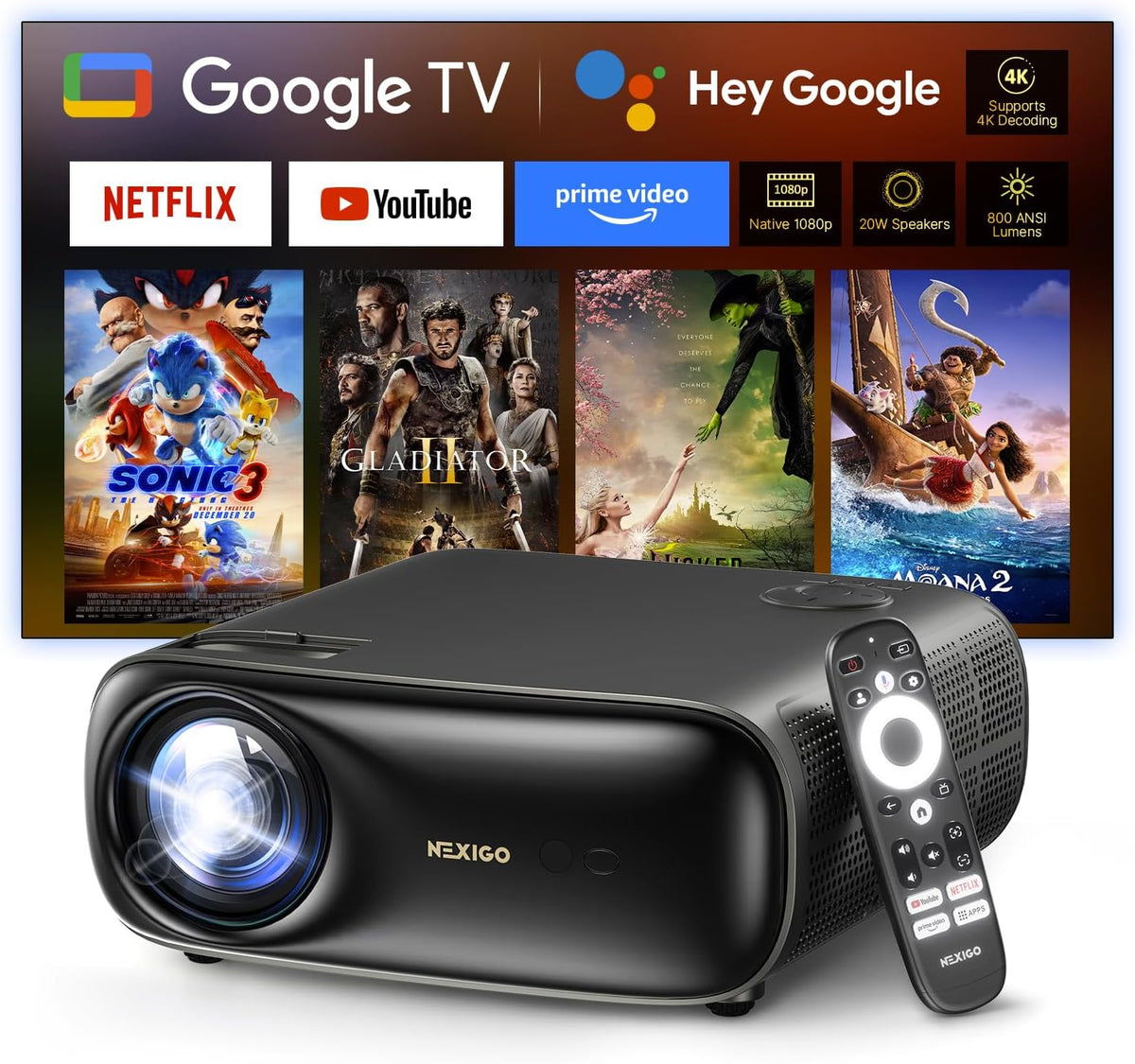 NexiGo PJ40 Pro Google TV Projektor - Native Full HD 1080p mit 4K Unterstützung - 800 ANSI Lumen und KI Bildverbesserung - Auto Keystone und 20 Watt Lautsprecher