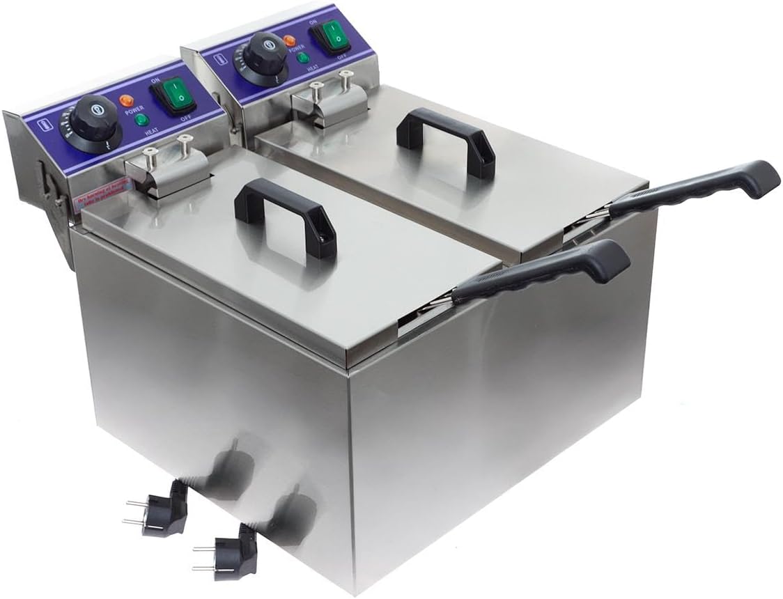 Elektro-Doppelfritteuse 16L Edelstahl Allpax - Profi Fritteuse mit 2 x 8 Liter Kammern - 4000 Watt mit zwei 2000 Watt Heizbereichen - Bis 200 Grad Celsius mit Körben und Deckel