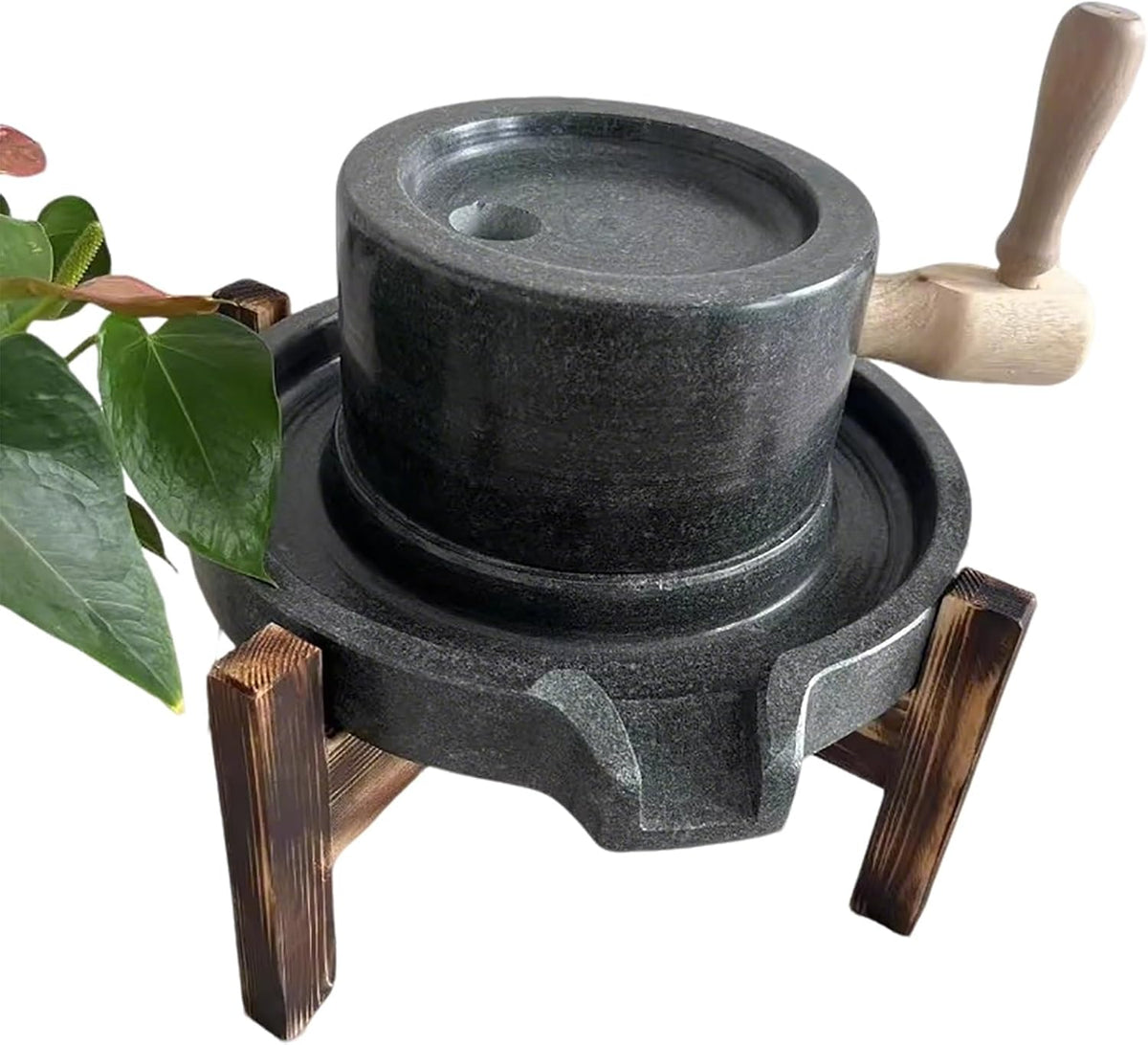 Manuelle Stein Getreidemühle mit Holzständer - glatter Blaustein für Nass und Trockenmahlen - handgekurbelte Haushaltsmühle - für Getreide Gewürze und kleine Mengen