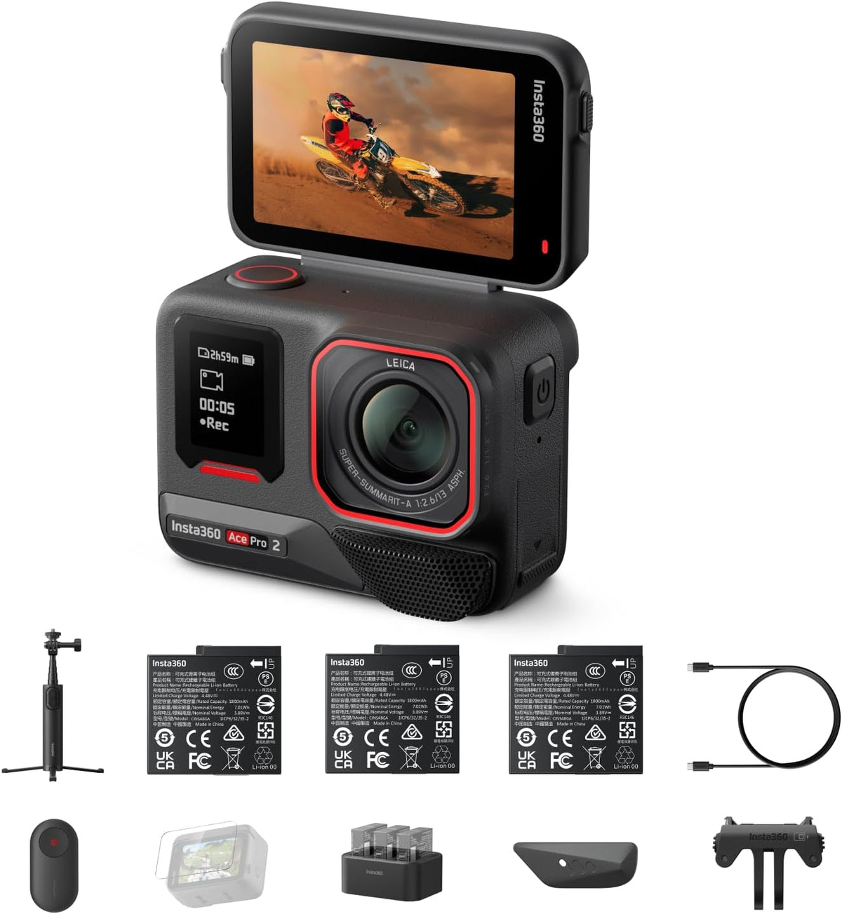 Insta360 Ace Pro 2 Creator-Bundle - Wasserdichte 8K Actionkamera mit Leica Optik - 1,3 Zoll CMOS Sensor und Dual KI Chip - Schwachlichtkamera für Vlogs und Outdoor Videos