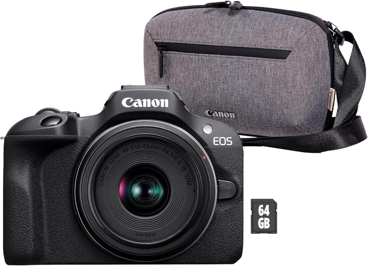 Canon EOS R100 Systemkamera Set - 24,1 MP spiegellose Kamera mit RF-S 18 bis 45 mm Objektiv - 4K Video und WLAN - Kameratasche mit 64 GB SD Karte
