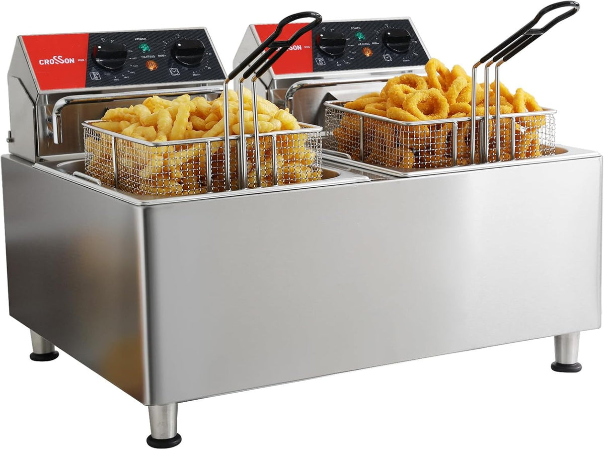 CROSSON CF 15 Doppel Fritteuse 16 Liter - 7500 Watt mit rotierendem Fritteusenkopf - 30 Minuten Timer und EGO Thermostat - Gastro Aufsatzfritteuse aus Edelstahl