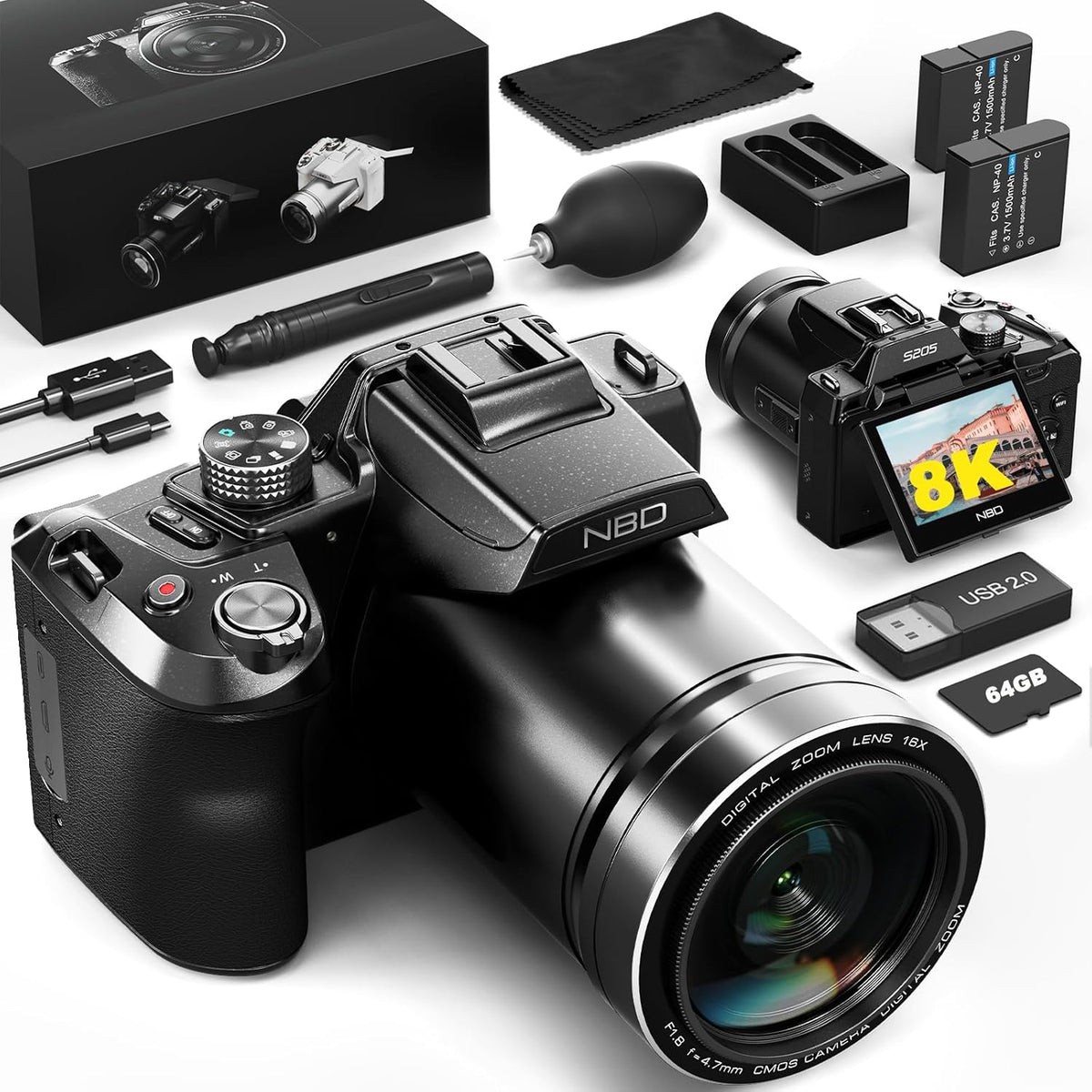 8K Digitalkamera 64 MP S205E - kompakte Vlogging Kamera mit 16-fach Zoom und Autofokus - 2,8 Zoll Klappdisplay - WLAN Webcam mit 64 GB Karte und 2 Akkus