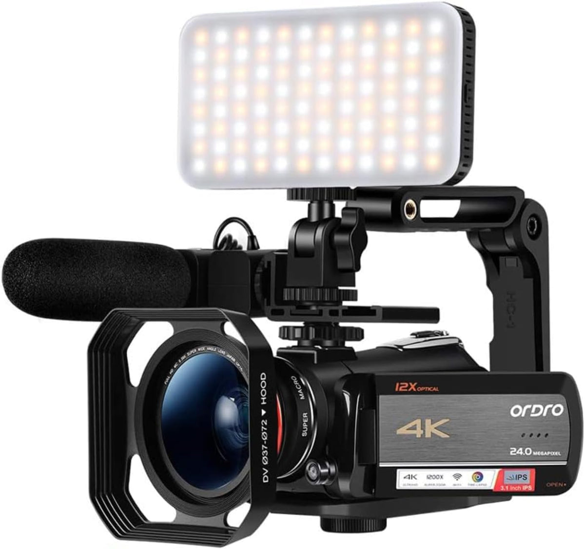 ORDRO AC5 4K Camcorder - 12 fach optischer Zoom und 1080p 60 fps - Mit Mikrofon LED Licht Weitwinkelobjektiv und Handgriff - Zwei Akkus für YouTube und Vlogging