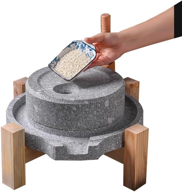 ZENSTYW manuelle Getreidemühle - 25 x 35cm Handmühle mit Holzständer und Naturstein Mahlwerk - für Bohnen Weizen und Gerste - handbetriebener Getreidezerkleinerer