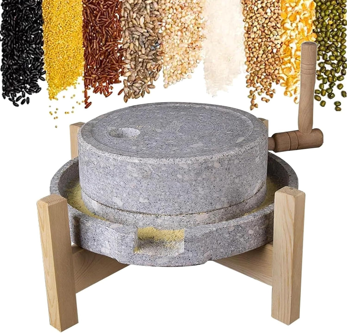 Manuelle Steinmühle mit Holzständer - Handmühle für Getreide und Gewürze - Nass und Trockenmahlen mit Handkurbel - traditionelle Haushaltsmühle für kleine Verarbeitungschargen