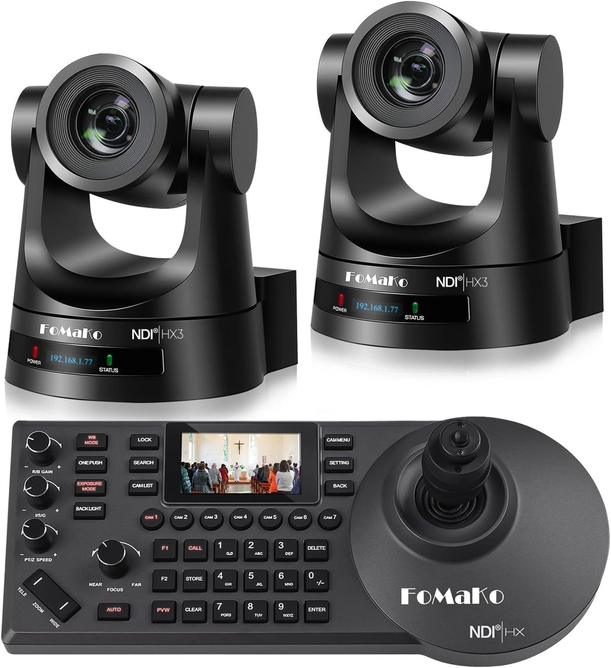 FoMaKo NDI HX3 PTZ Kamera Set - 2 KN20A Pro Kameras mit 20-fach optischem Zoom - KI Tracking und PoE - NDI Controller mit SDI HDMI USB und LAN
