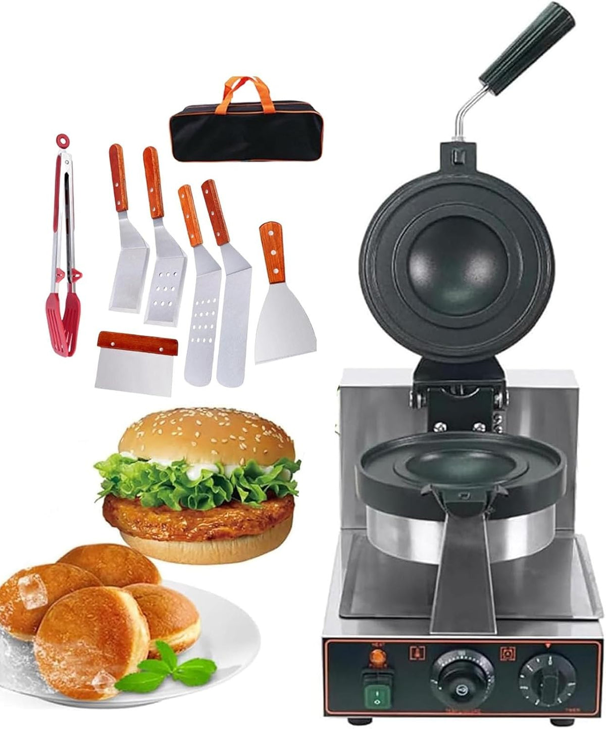 Elektrische Burger Maschine mit 8 Schaufeln - 1300W antihaftbeschichtete Hamburgerpresse - Burgergröße 100 mm - silberne Sandwichpresse für Gastronomie