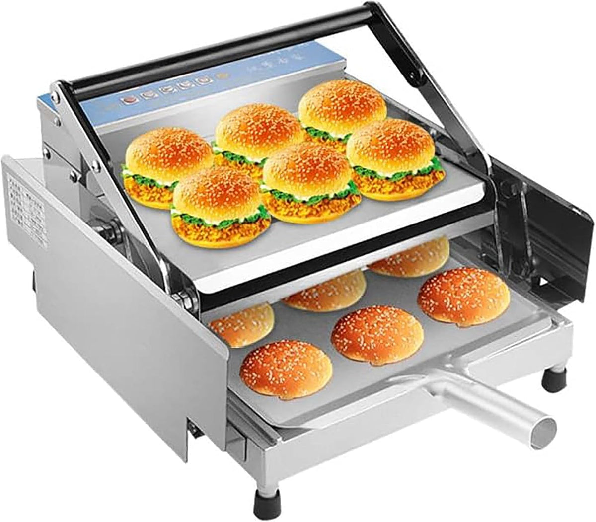 MObyat elektrischer Burger Toaster für Gewerbe - Doppelschicht Hamburger Toaster - Temperaturregelung 50 bis 300 Grad - Timer 0 bis 3 Minuten mit Tastenbedienung