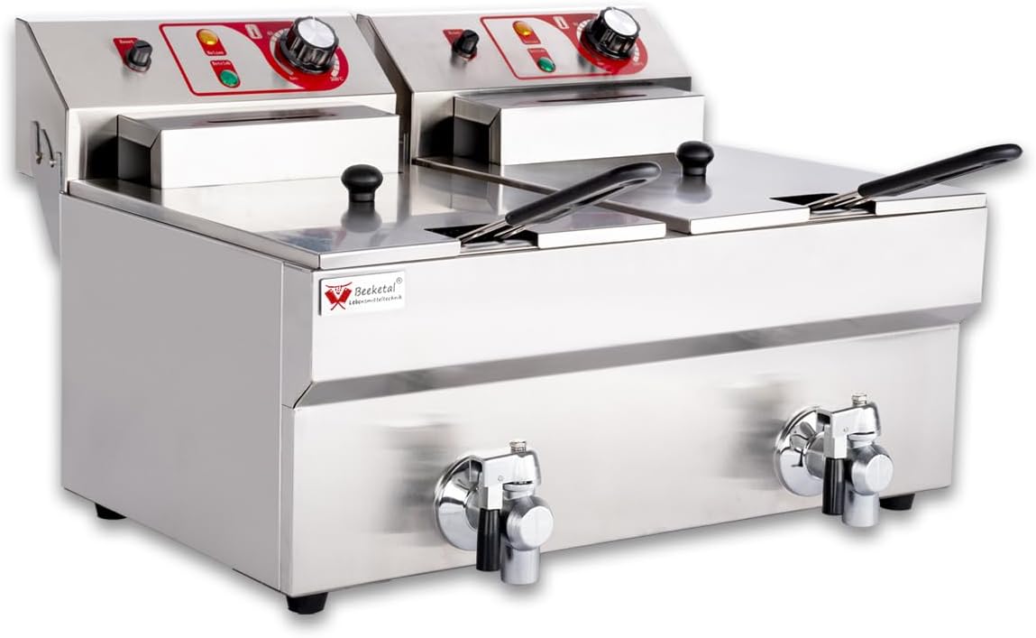 Beeketal BTF20B Doppel Kaltzonen Fritteuse - Edelstahl Friteuse mit 2 x 9 Liter Becken - 6000 Watt und Temperaturkontrolle - Maximal 2 x 6 Liter Öl mit Fettablaufhähnen