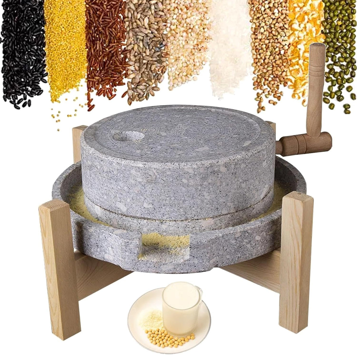 Stein Getreidemühle mit Ständer - Naturgranit Handmühle für trockene und nasse Zutaten - Für Tofu Sojamilch Sesam und Bohnen - Manuelle Steinmühle ohne Batterien