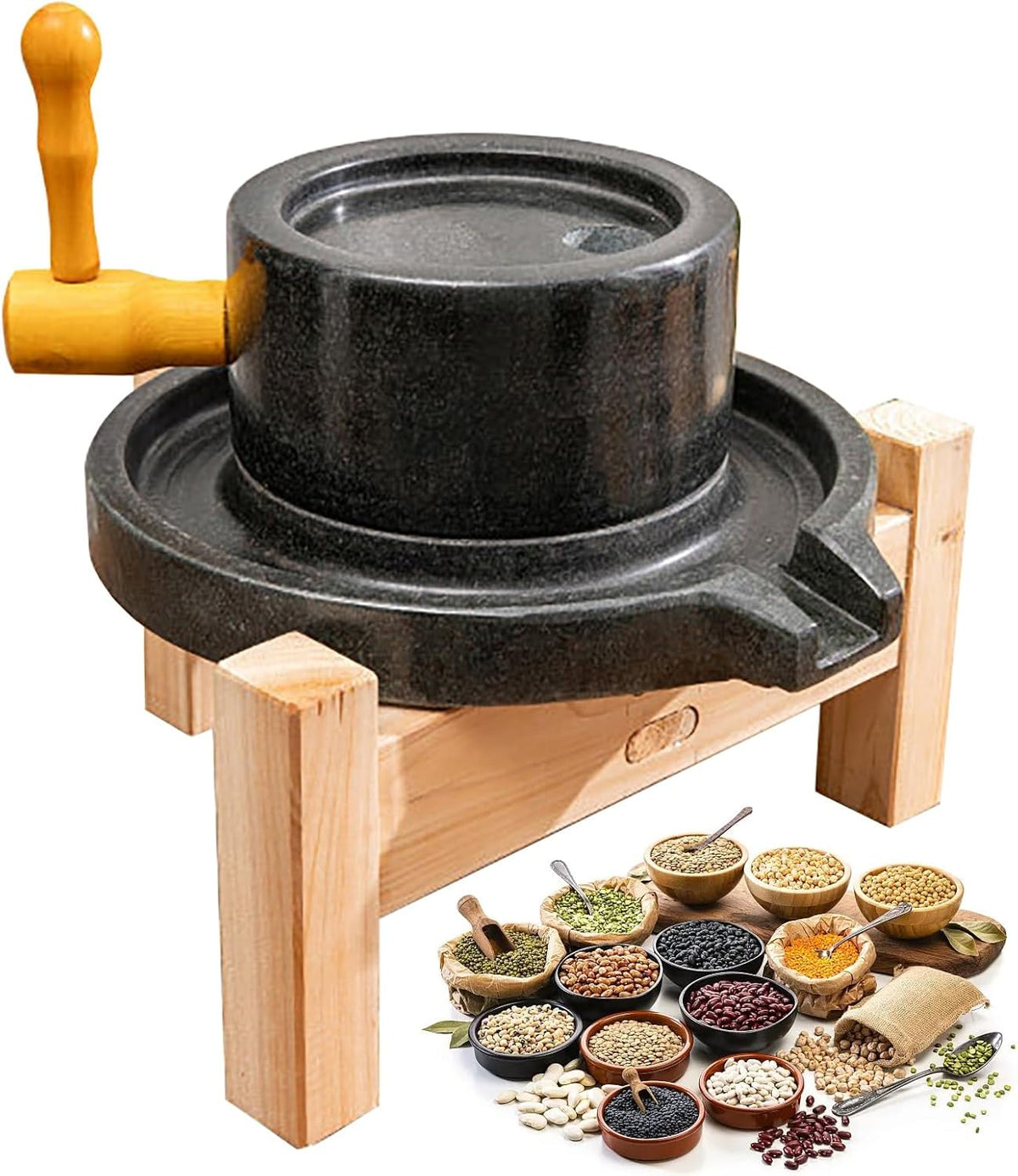 ZENSTYW1 Steinmühle mit Holzständer 20 cm - Naturstein Mahlscheibe mit Handkurbel - Nass und Trockenmühle für Getreide - Manuelle Haushaltsmühle mit stabilem Stand