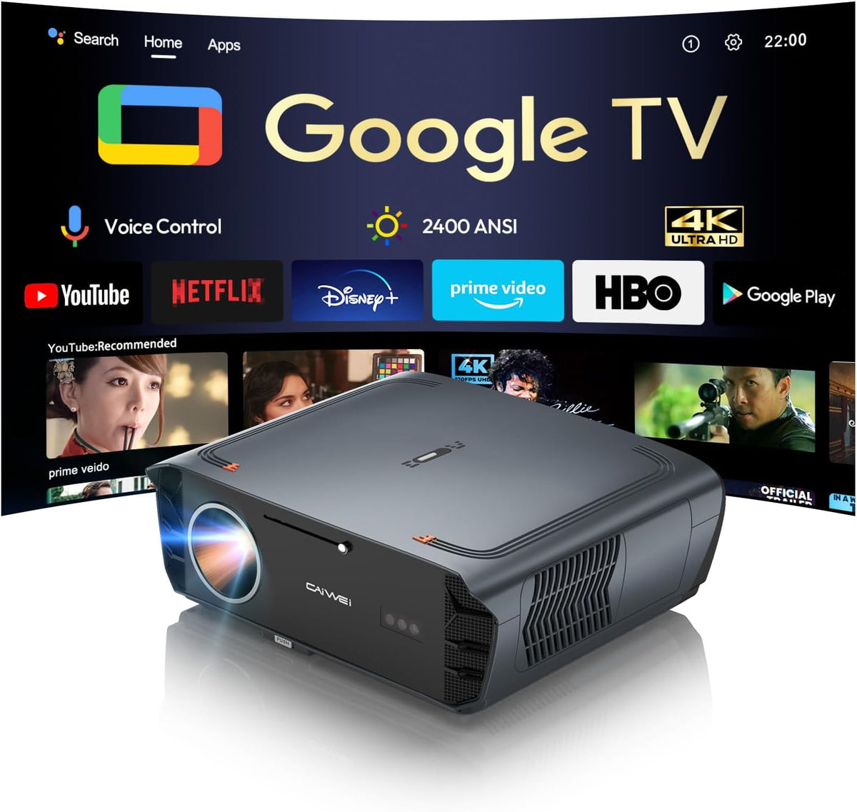 Beamer 4K mit Google TV - 2400 ANSI Tageslicht Projektor mit ToF Autofokus - HDR10 Plus AI Cooling Fan und Ultra HD Unterstützung - HDMI ARC WiFi 6 Bluetooth für Gaming und Heimkino