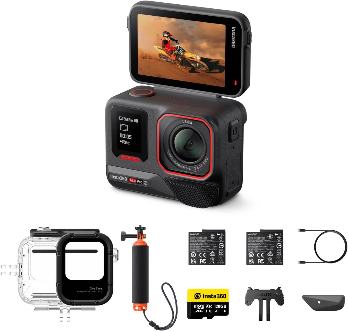 Insta360 Ace Pro 2 Tauch Bundle - wasserdichte 8K Action Kamera mit Leica Optik - 1-1,3 Zoll CMOS Sensor und Dual KI Chip - Klappdisplay und KI Bearbeitung