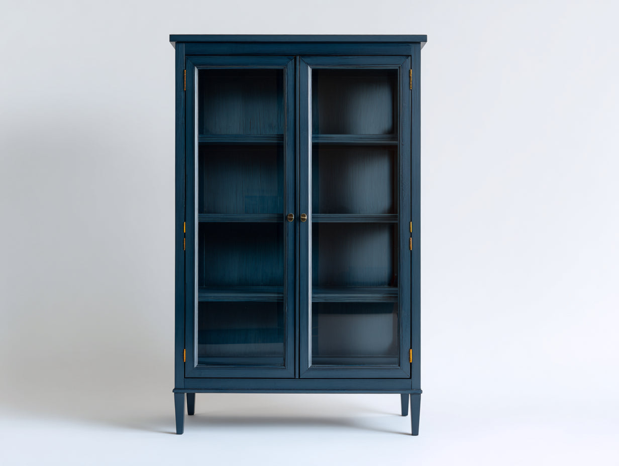 Bücherregal Holz Glas Blau 80x35x180 cm 2 Türen Vitrine Stauraum Modern Wohnzimmer Büro