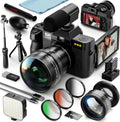 5K-Digitalkamera für Fotografie und Vlogging - 64 MP Kamera mit 180 Grad Klappdisplay und 16 fach Zoom - WLAN mit 2 Akkus und 64 GB SD Karte - Mikrofon Stativ und Objektiv Kit