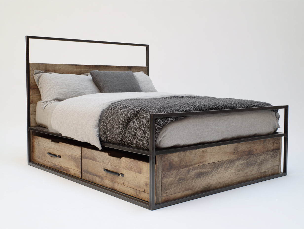 Doppelbett Holz Metall 210x170x110 cm Industrial Stil Bettgestell mit Stauraum Schubladen Schlafzimmer Modern