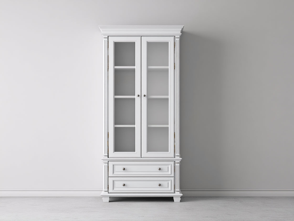 Bücherregal Vitrine Weiß Holz 100x40x190 cm - 2 Türen 2 Schubladen Glas Stauraum Wohnzimmer Klassisch Modern