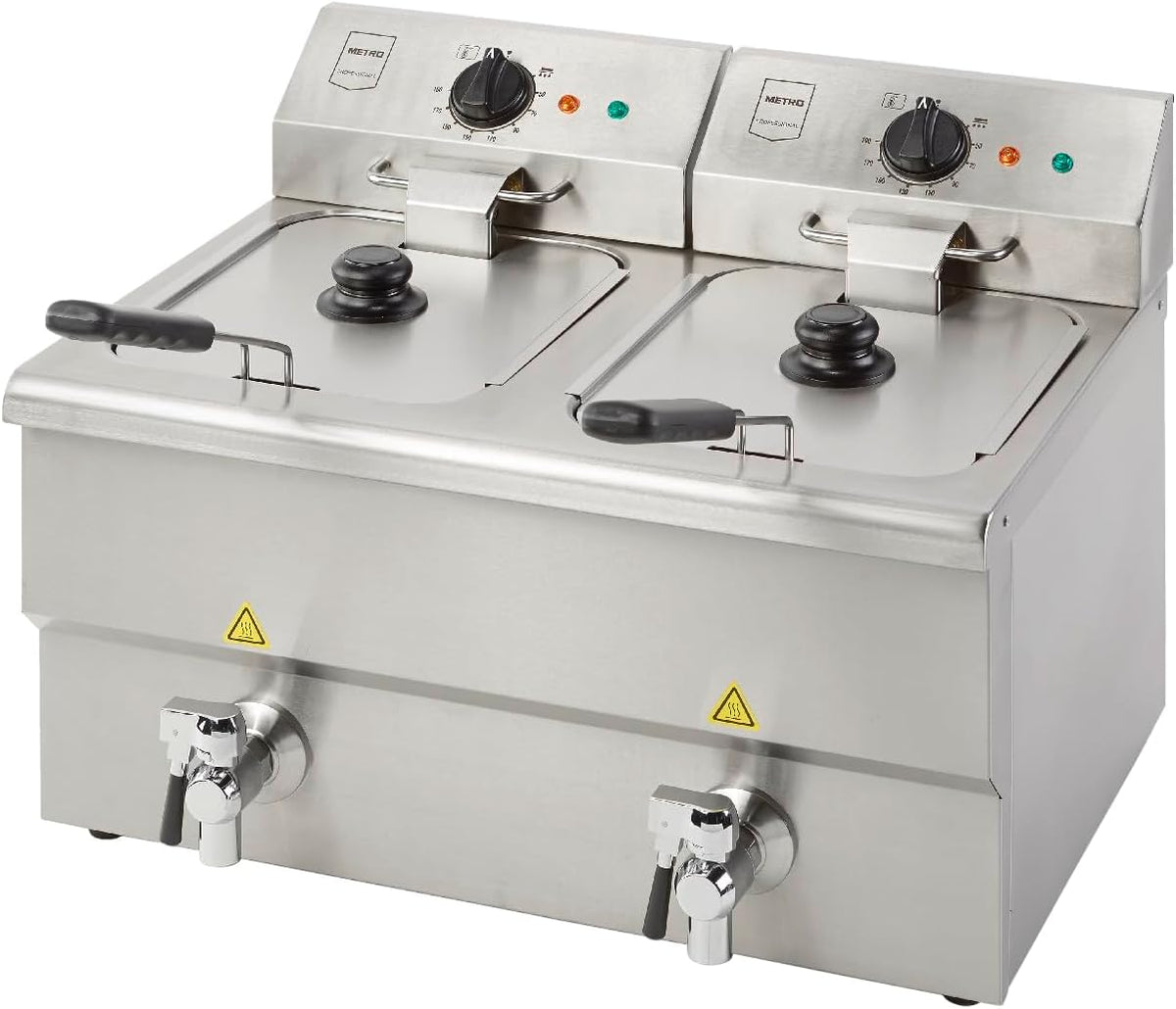 METRO Professional GDF5028 Doppel Fritteuse - 2 x 8 Liter Edelstahlbecken - Mit Ablasshahn Deckel und abnehmbarem Bedienfeld - Gastro Fritteuse in Silber