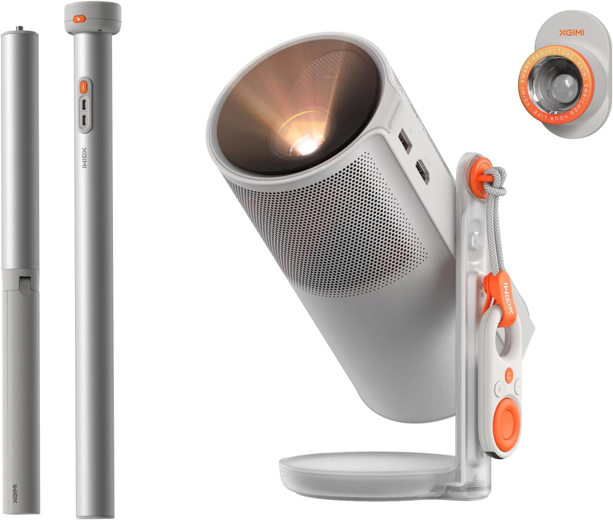 XGIMI MoGo 4 Mini Beamer Set mit Akku - 1080p mit Google TV und Netflix - 450 ISO Lumen mit PowerBase Ständer und 5h Laufzeit - 2 x 6W Harman Kardon für Heimkino Outdoor