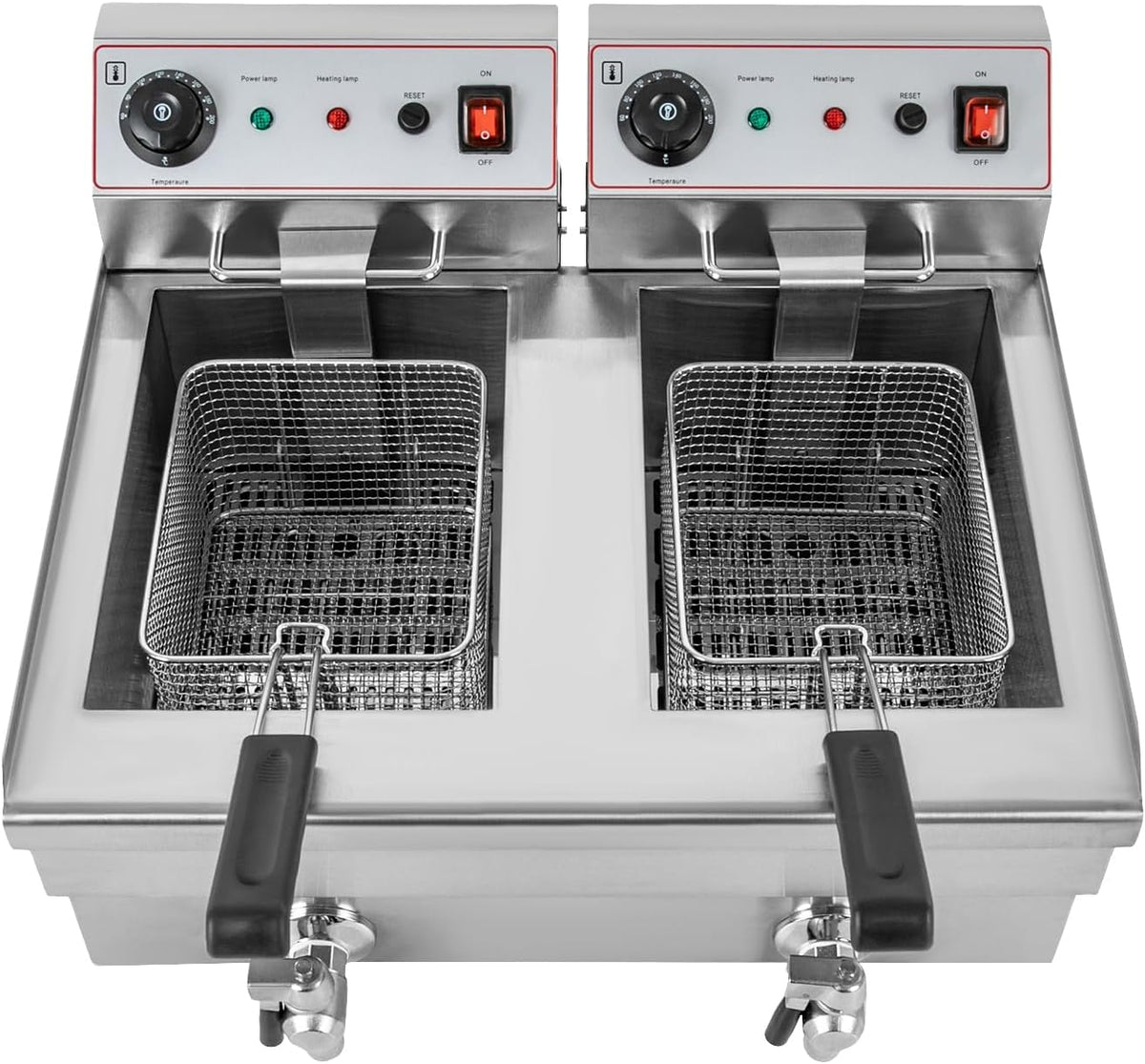 Elektrofritteuse 2x10 L - kommerzielle Doppelfritteuse mit 2 Edelstahlkörben und 2 Deckeln - Temperaturregelung von 60 bis 200 Grad - mit Ablasshahn für Restaurant Imbiss und Party