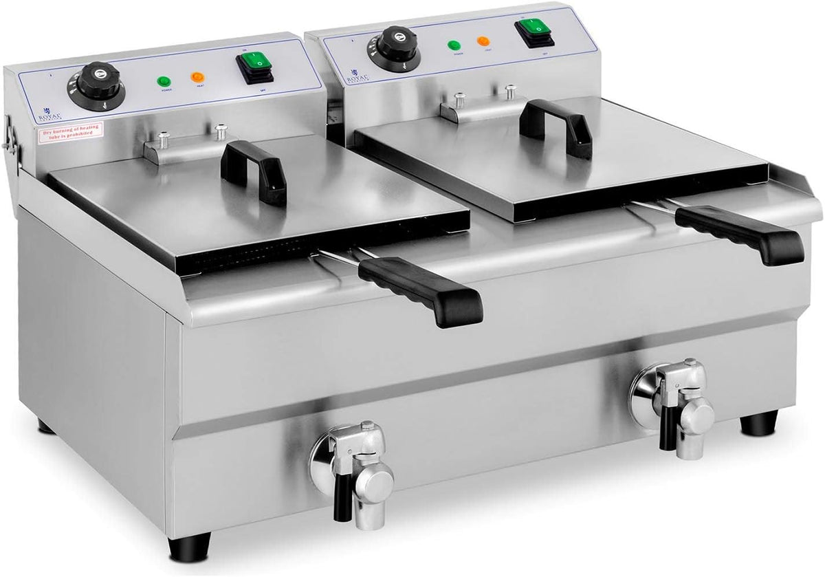 Royal Catering Elektro Doppel Fritteuse - 2 x 3200W mit Doppelbecken und Edelstahlgehäuse - Temperaturbereich 50 bis 200 Grad mit Kaltzone - Ablasshähne für Gastronomie Modell RCEF 13DB
