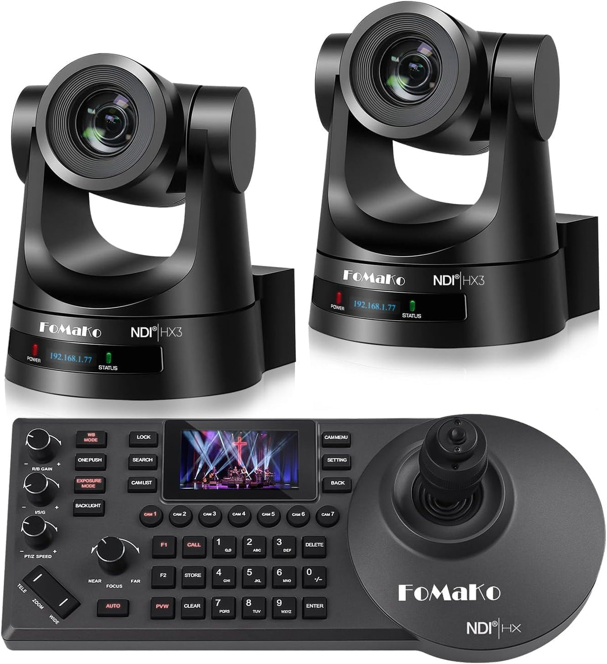 FoMaKo BN302 PTZ Kamera Set - Zwei NDI HX3 Kameras mit 30 fach optischem Zoom - KI Auto Tracking und Full HD Video - Mit NDI PTZ Controller für Streaming und Veranstaltungen