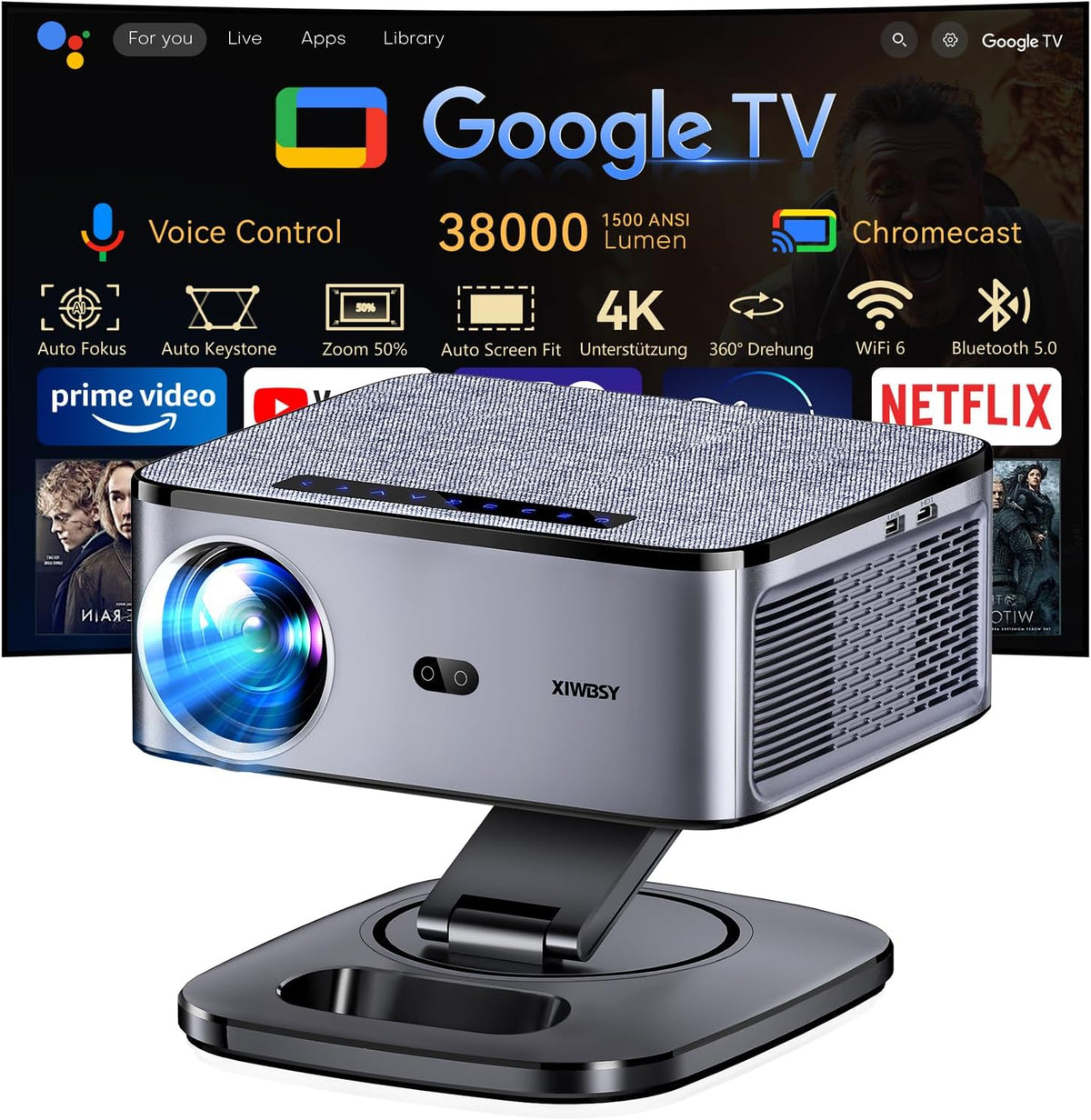 Beamer 4K XIWBSY Smart Beamer - 1500 ANSI Lumen und Full HD 1080p LCD Projektor - Google TV mit Autofokus und Sprachassistent - WiFi 6 Bluetooth 5 für Heimkino und Outdoor