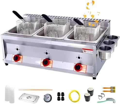Kommerzielle LPG Gas Fritteuse - Edelstahl Frittiermaschine mit 2 x 10L Behältern - 3 Frittierkörbe und Deckel - Propangas Tischfritteuse für Gastronomie