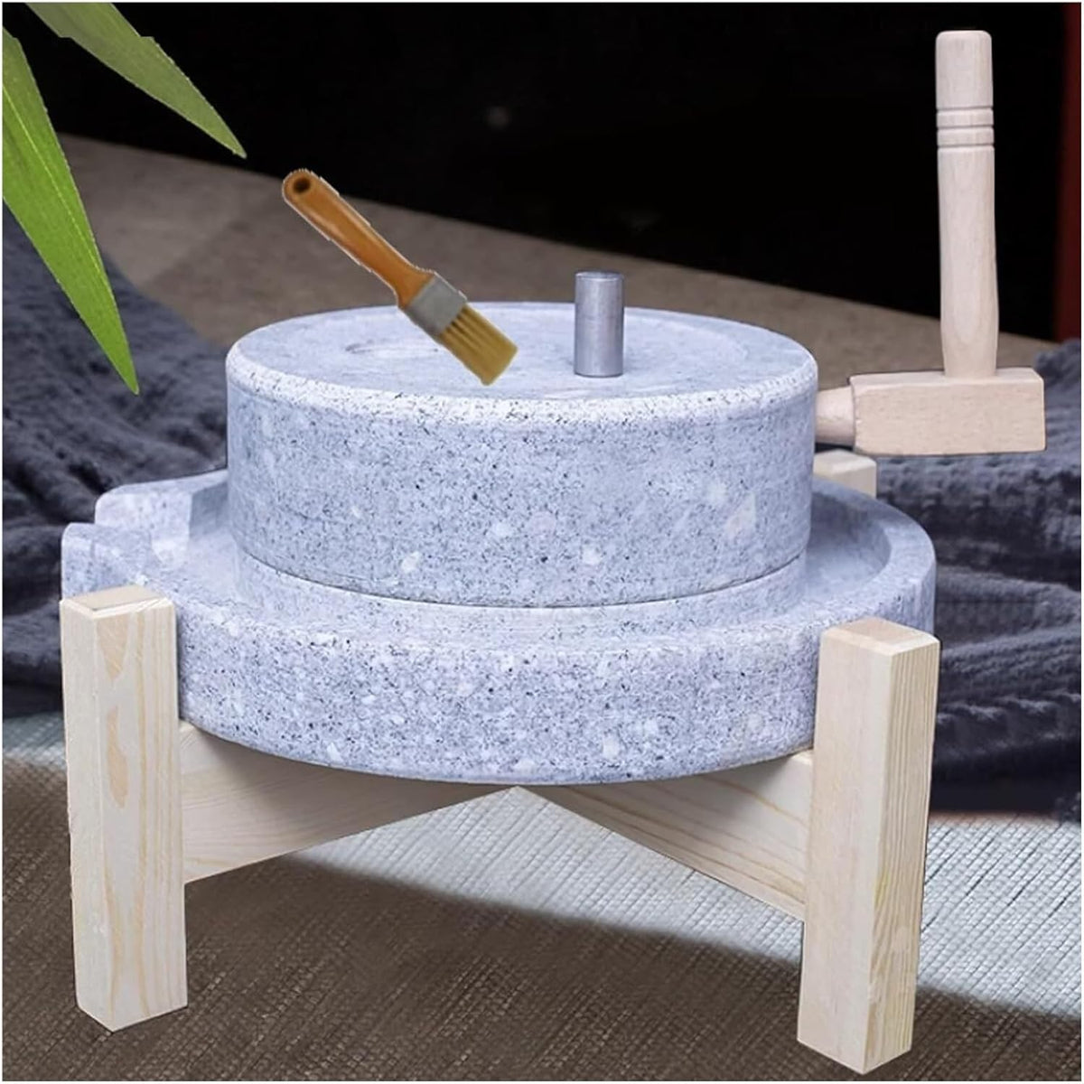 Manuelle Steinmühle mit Holzrahmen - traditionelle Handsteinmühle für Nass- und Trockenmahlung - für Lebensmittel und Unterricht - ohne Batterien