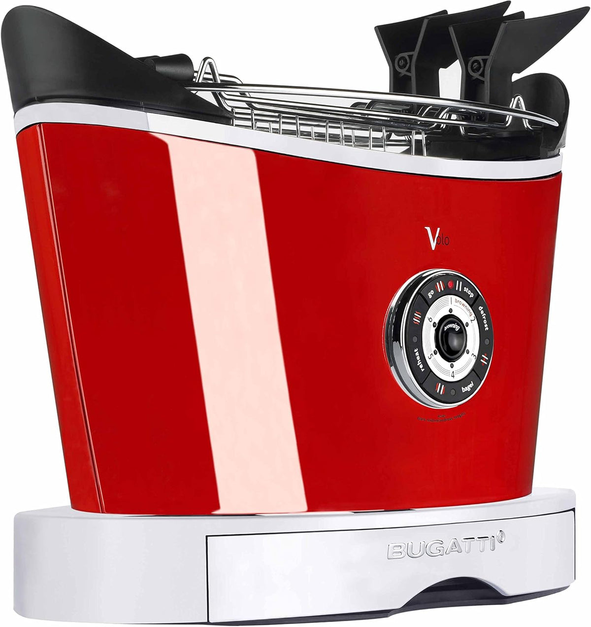 BUGATTI Volo elektrischer Toaster - 930W Edelstahlgehäuse in Rot - 6 Toaststufen und 4 Funktionen - mit Toastzange für die Frühstückszubereitung