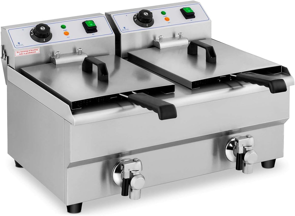 Royal Catering Elektro-Fritteuse Edelstahl RCEF 10DB - Doppel Fritteuse mit 2 x 10 Liter Becken - 2 x 3000 Watt Kaltzone - Ablasshähne und 50 bis 200 Grad Celsius
