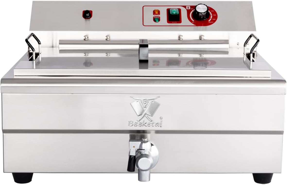 Beeketal BWF-200P Profi Kaltzonen Fritteuse - 5000W Edelstahl Fettbackgerät mit 20 Liter Volumen - maximal 14 Liter Öl - Doppelheizspirale und Ablaufhahn