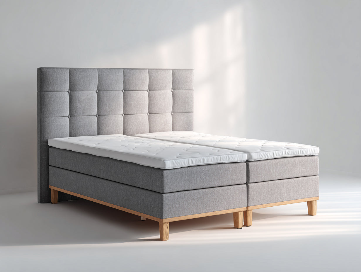 Doppelbett Polster Grau Holz Natur 200x180x110 cm - Modern Boxspring Optik Schlafzimmer Bett Gepolstert