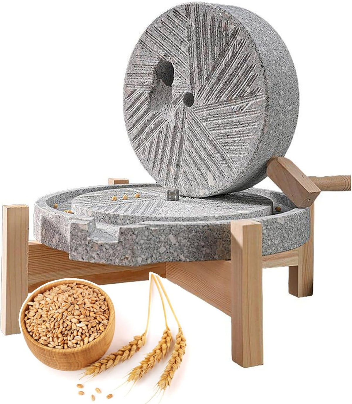 ZENSTYW1 Stein Getreidemühle 20 cm - Handkurbelmühle mit Holzfuß - Trocken und Nassmühle für Getreide Bohnen und Gerste - Traditionelle Haushaltsmühle